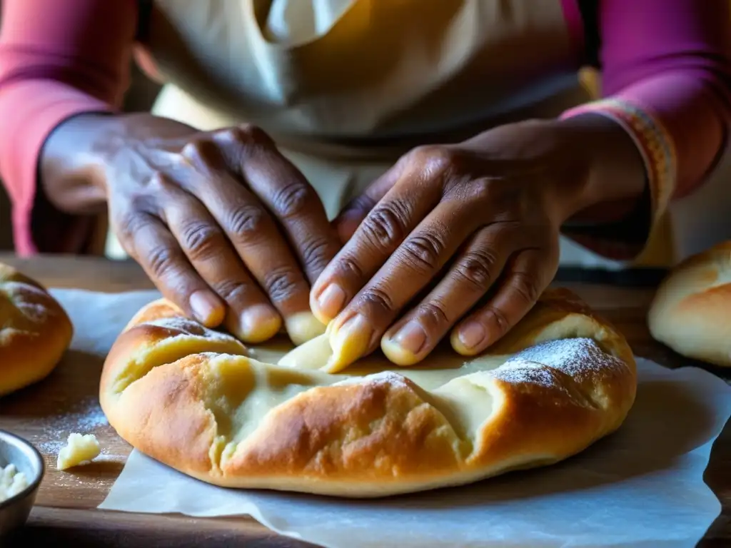 Un retrato conmovedor de manos envejecidas moldeando vetkoek sudafricano, transmitiendo historia y resistencia culinaria