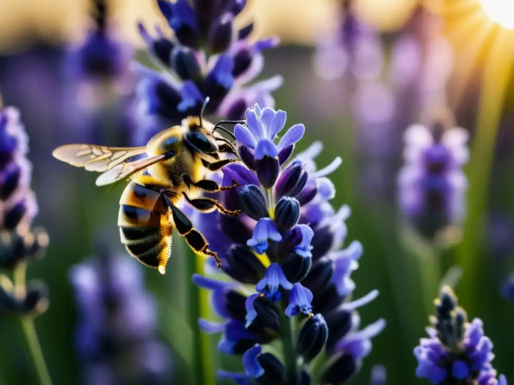 Un retrato detallado de una abeja recolectando néctar de lavanda violeta bajo el cálido sol europeo