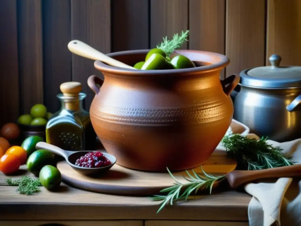 Un retrato detallado de una antigua vasija de barro llena de alimentos conservados, rodeada de utensilios de cocina antiguos