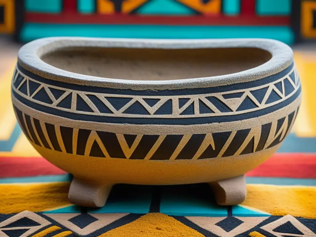 Un retrato detallado de un antiguo metate y mano de piedra, con glifos aztecas pintados a mano de fondo