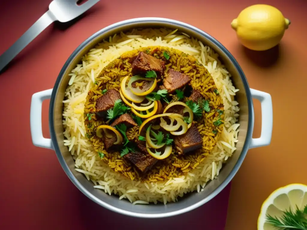 Un retrato detallado de un aromático biryani, resaltando sus capas de arroz, carne y guarniciones coloridas