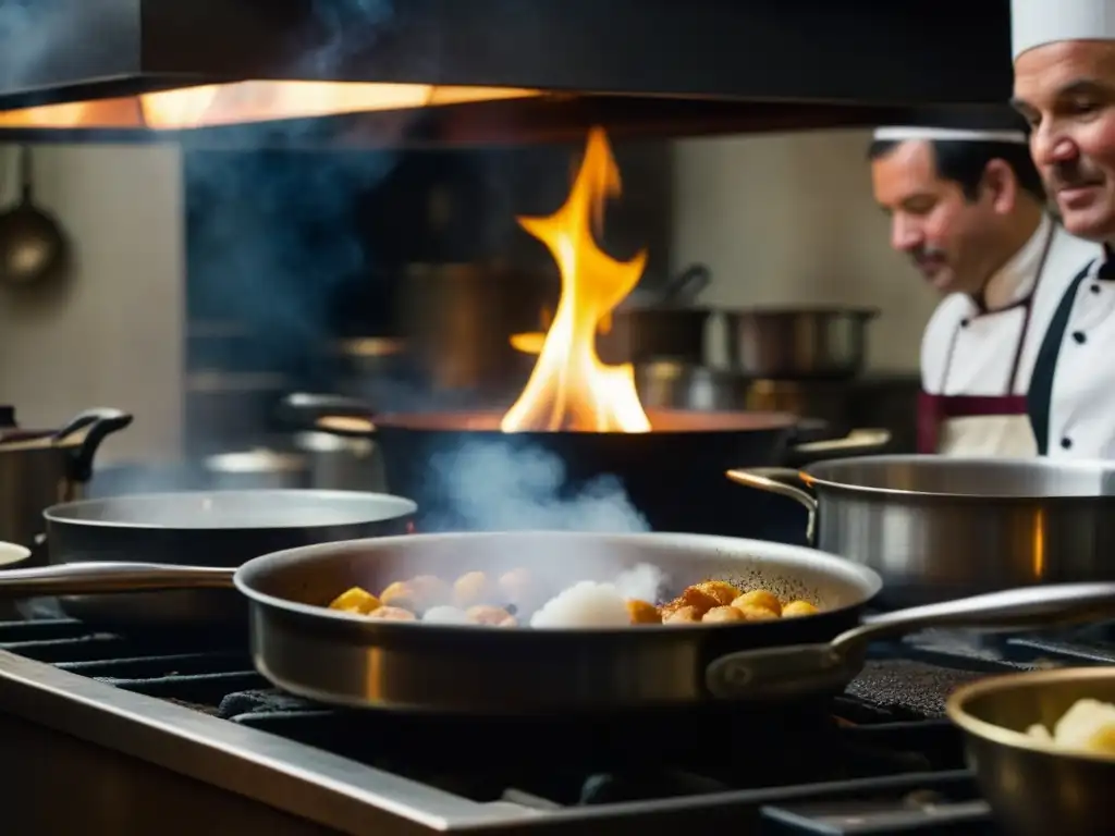 Un retrato detallado de una bulliciosa cocina de restaurante del siglo XIX, con chefs en trajes tradicionales y una intensa actividad culinaria