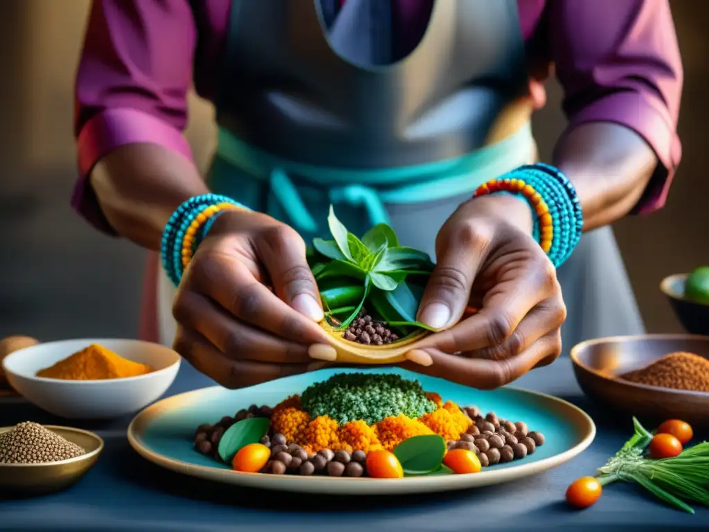 Un retrato detallado de la cocina sudafricana durante el Apartheid, con manos meticulosas preparando un plato tradicional