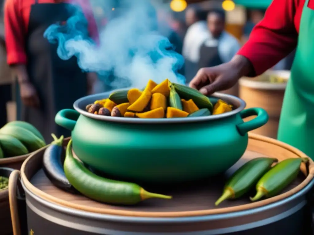 Un retrato detallado de una colorida olla de cocina africana tradicional, rebosante de ingredientes indígenas, en un animado mercado al aire libre