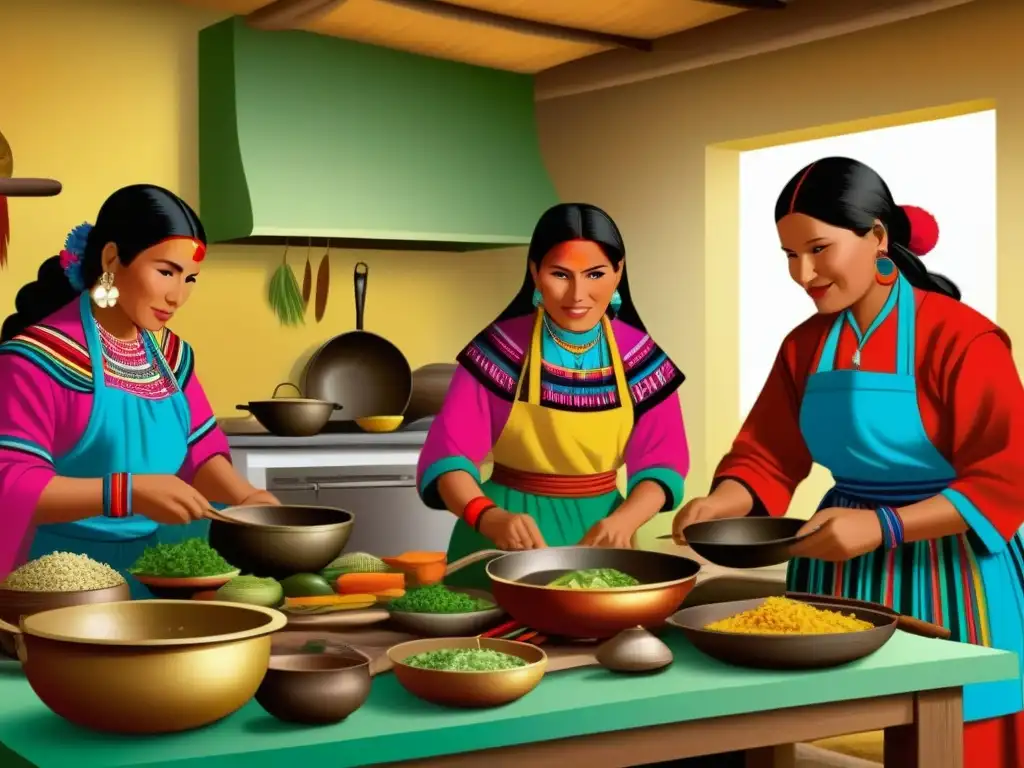 Un retrato detallado y colorido de mujeres incas cocinando en una cocina bulliciosa con utensilios antiguos y ingredientes exóticos