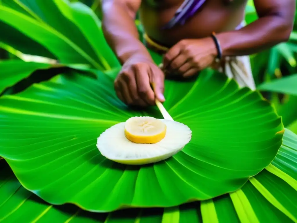 Un retrato detallado de una comida tradicional micronésica en preparación, resaltando ingredientes locales y elementos culturales