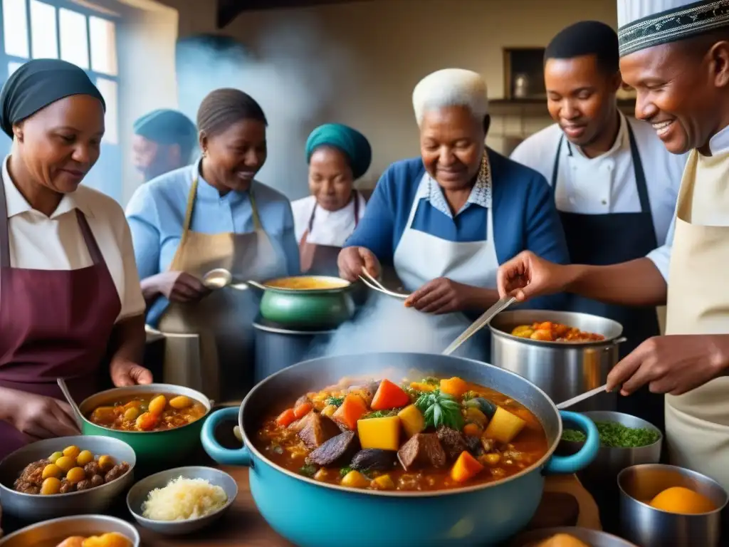 Un retrato detallado de una comunidad diversa cocinando un guiso sudafricano tradicional, uniéndose en recetas históricas desafiando Apartheid