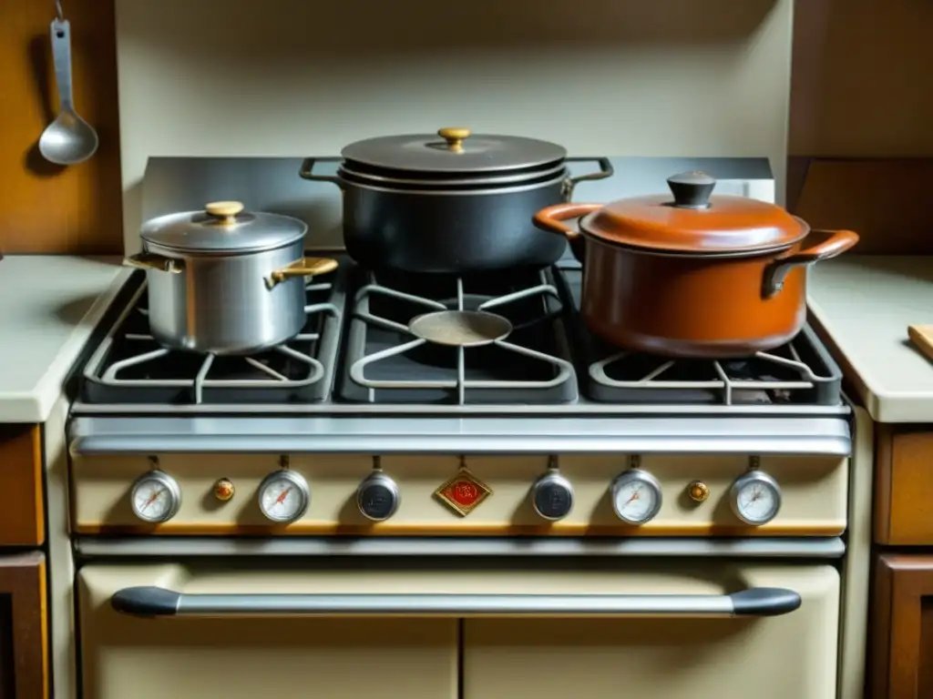 Un retrato detallado de una estufa vintage soviética con utensilios de cocina, borscht hirviendo y recetas emblemáticas período soviético