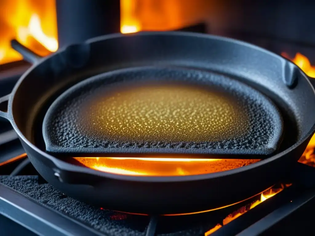 Un retrato detallado de una sartén de hierro sobre una estufa de carbón, reflejo de la cocina moderna era industrial