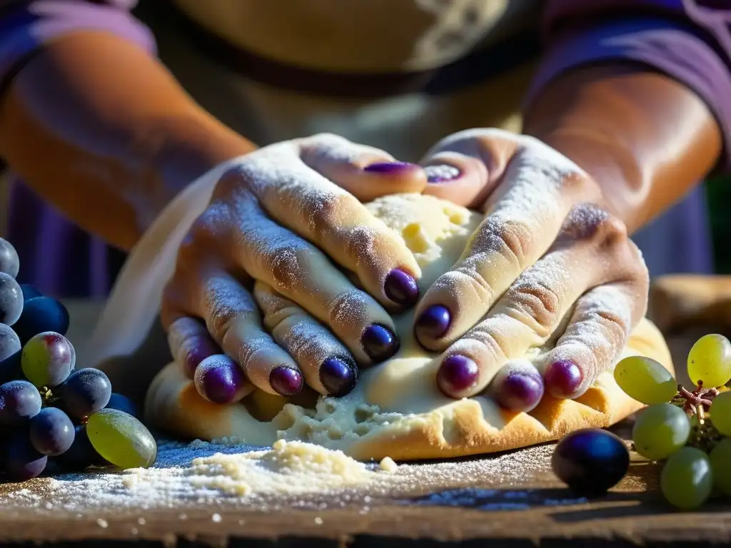 Un retrato detallado de manos antiguas amasando masa para pan, en un escenario de viñedos con uvas listas para la cosecha