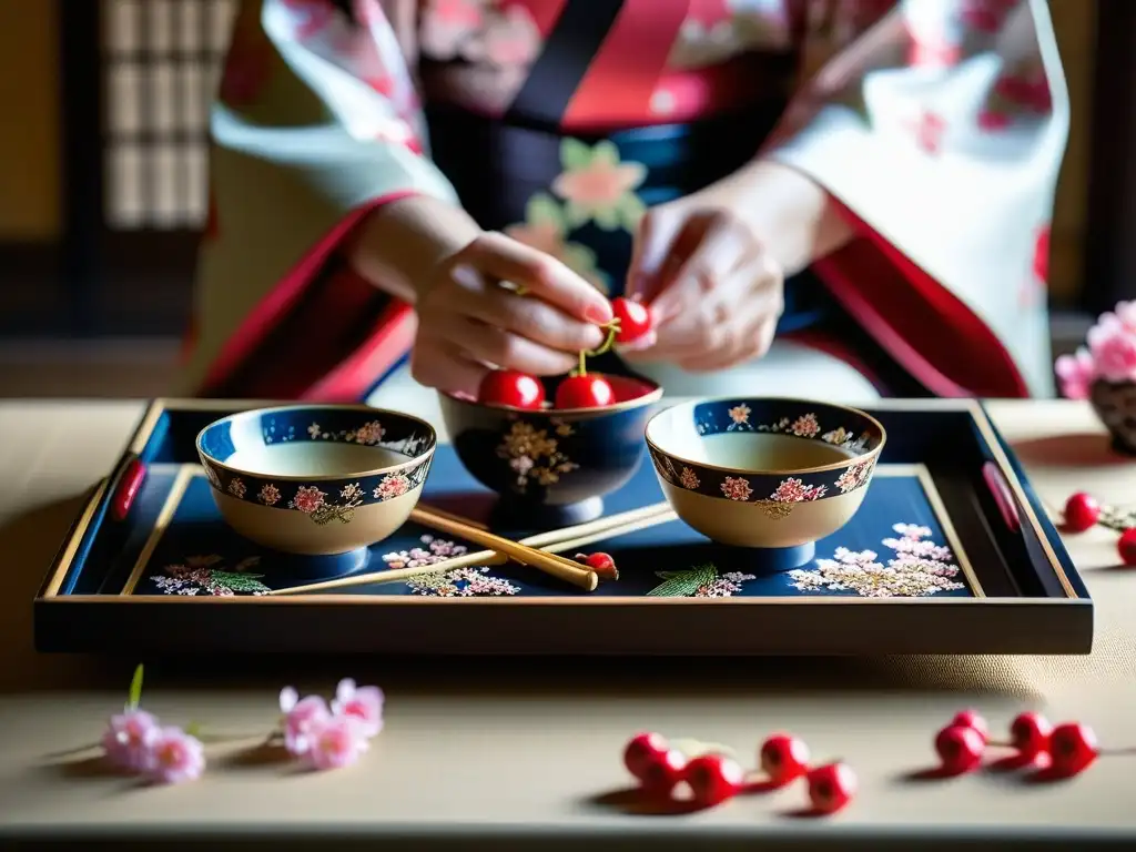 Arte floral en la era Heian: manos delicadas y flores de cerezo Un retrato detallado de manos arreglando cerezos y vajilla en una bandeja japonesa lacada, en la Corte Imperial Heian