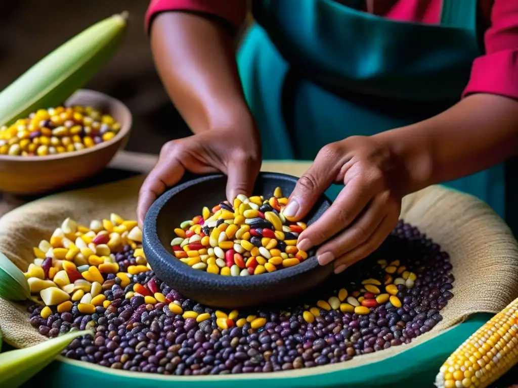 Un retrato detallado de manos de mujer mesoamericana moliendo maíz colorido en metate, resaltando la herencia culinaria maíz Mesoamérica