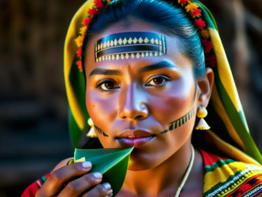 Retrato detallado de una mujer maya aplicando aloe vera y miel en su rostro, con textiles coloridos y expresión serena