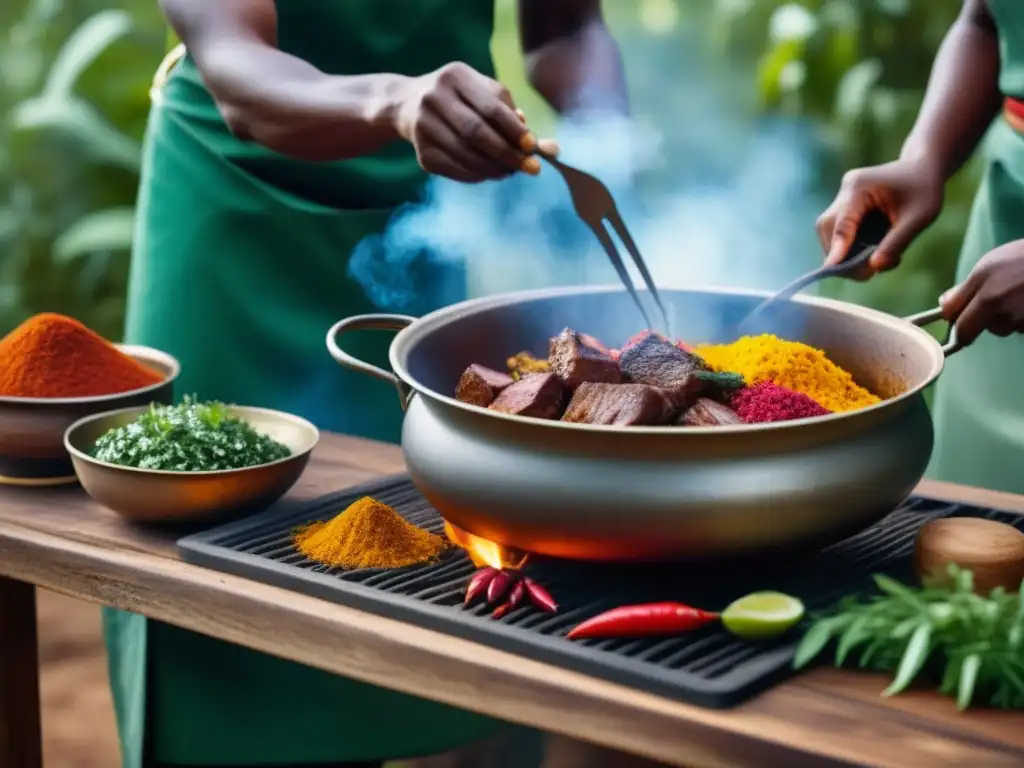 Un retrato detallado de una olla africana llena de ingredientes vibrantes, con manos expertas removiendo