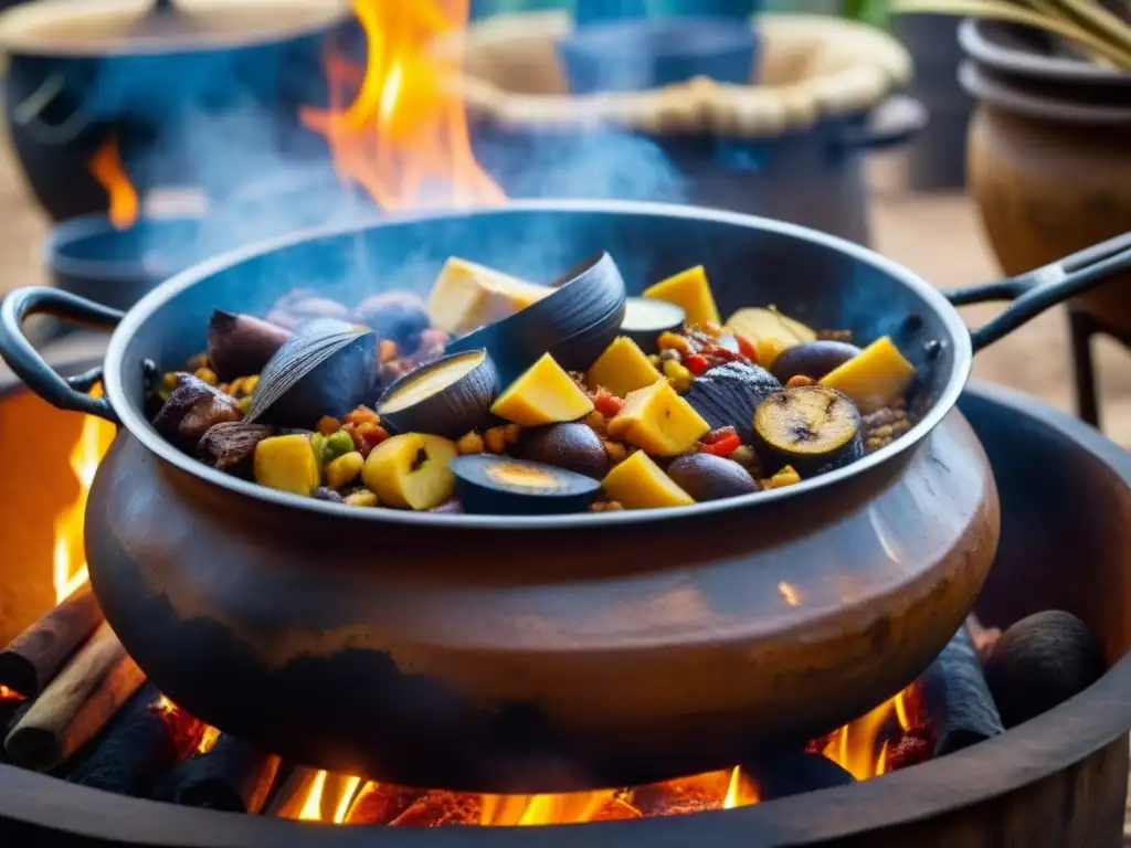 Un retrato detallado de una receta tradicional africana cocinándose en una olla rústica sobre fuego abierto, mostrando la historia culinaria de África