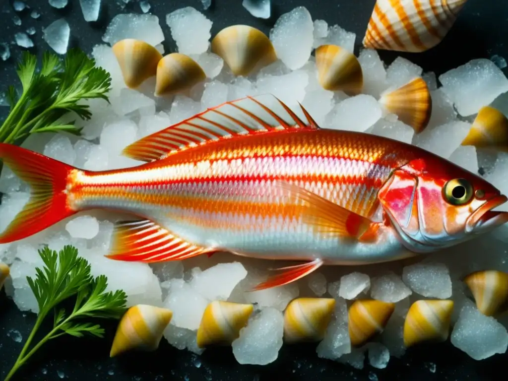 Un retrato detallado de un salmonete del Mediterráneo en hielo con conchas y perejil