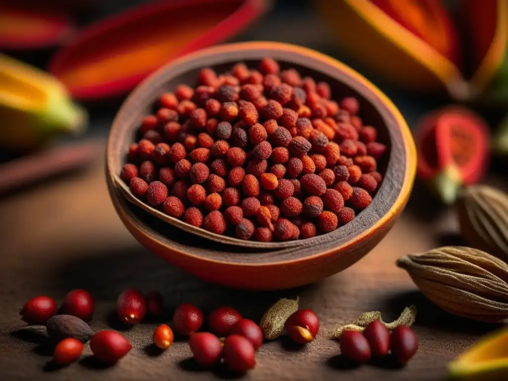 Un retrato detallado de una semilla de Achiote roja rodeada de especias, evocando recetas históricas platillos mayas desaparecidos