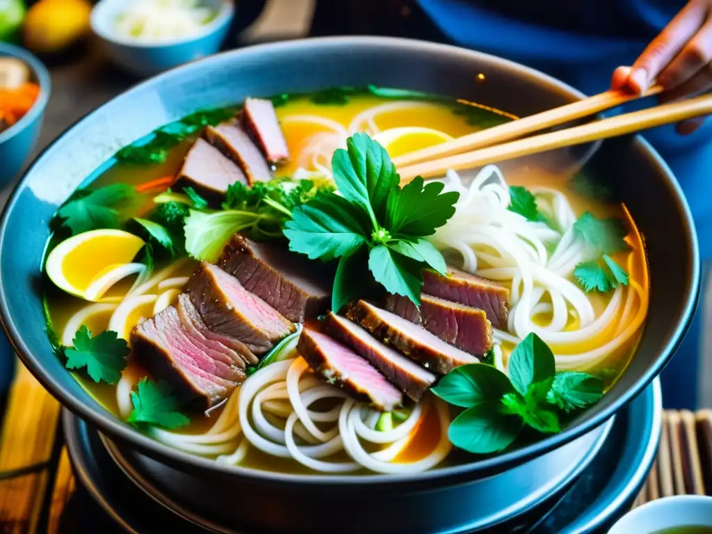 Un retrato detallado de una sopa pho vietnamita en un animado mercado callejero de Hanoi