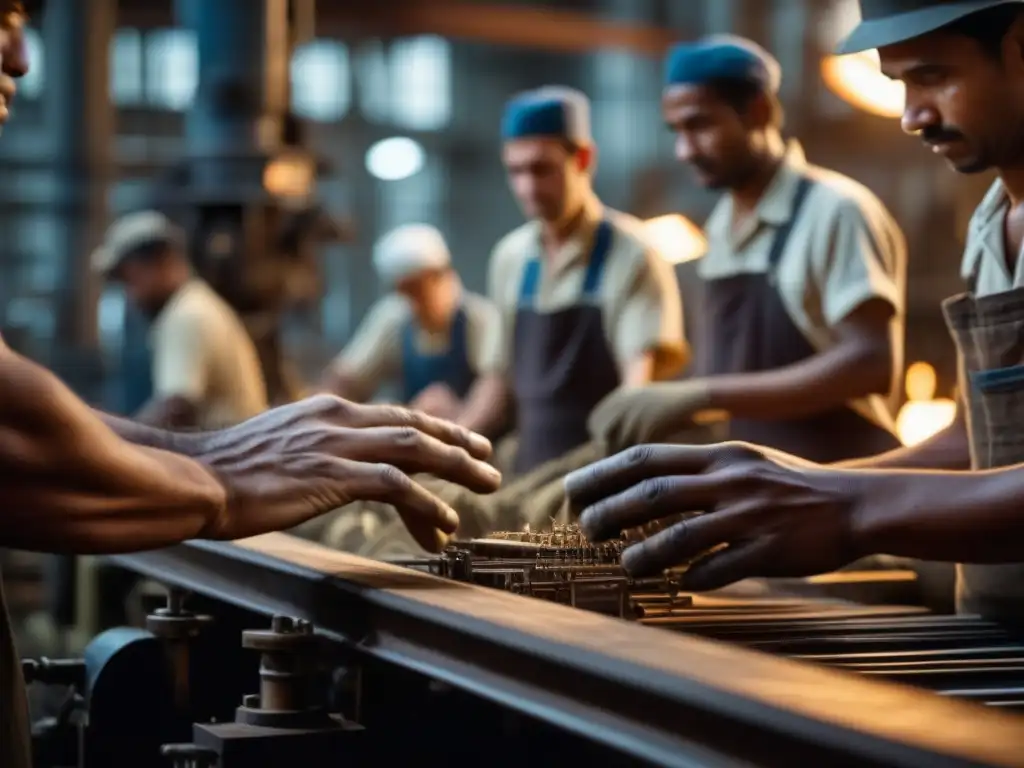 Retrato detallado de trabajadores en la Revolución Industrial mostrando impacto en consumo y dieta