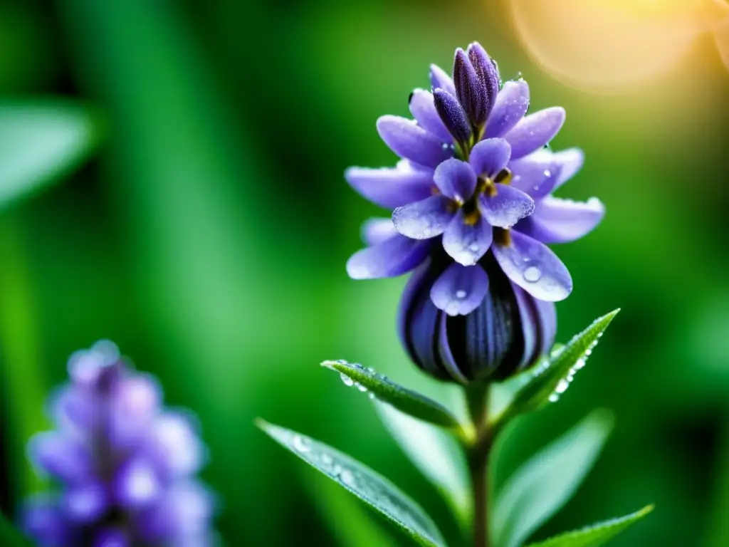 Un retrato macro de una flor de lavanda morada vibrante en un jardín exuberante, mostrando sus detalles delicados y las gotas de agua