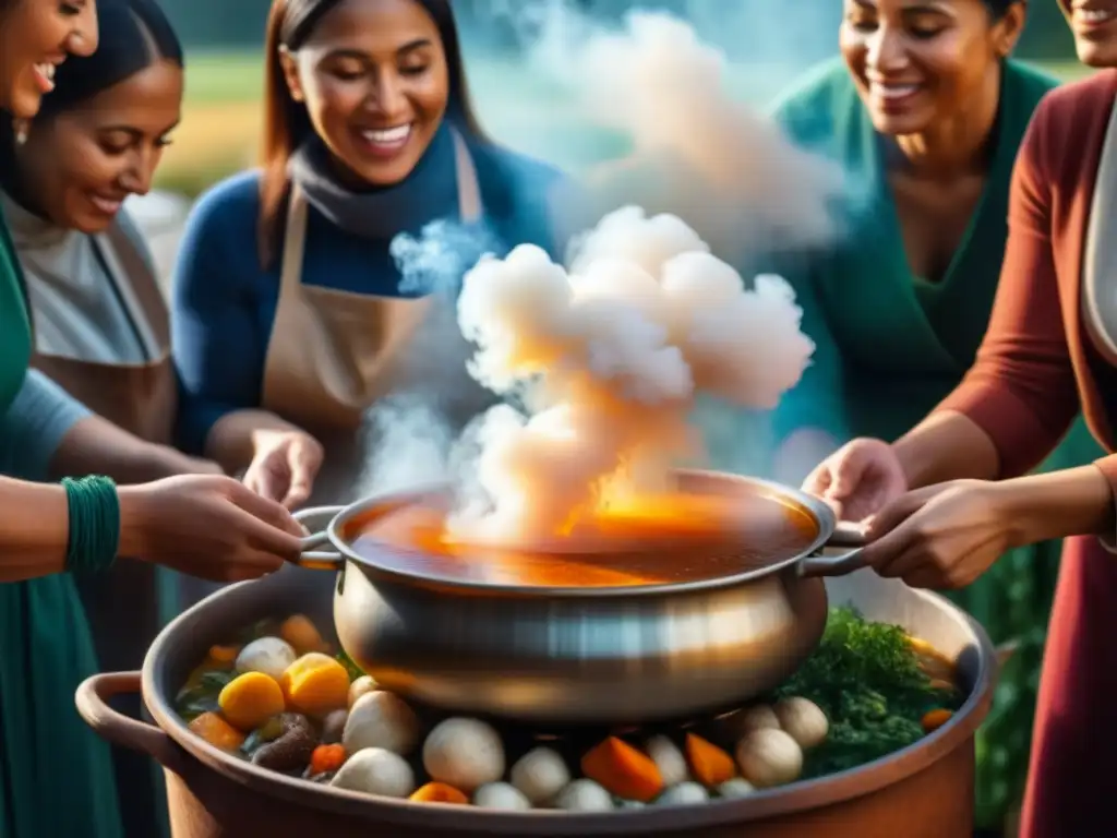 Una reunión multicultural alrededor de una olla de sopa comunitaria, reflejando diversidad y unidad