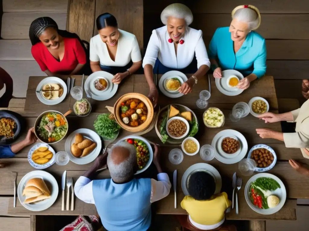 Reunión de personas diversas alrededor de una mesa con comida histórica y reconciliación cultural