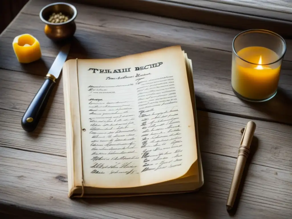 Recetas ancestrales: legado culinario en papel envejecido Una revista gastronómica histórica abierta en una mesa de madera antigua, revelando recetas tradicionales escritas a mano