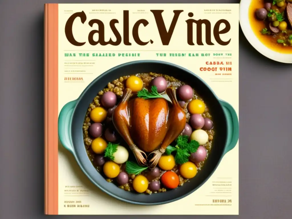 Una revista gastronómica vintage del 1900 con platos clásicos como coq au vin, paella y mousse de chocolate