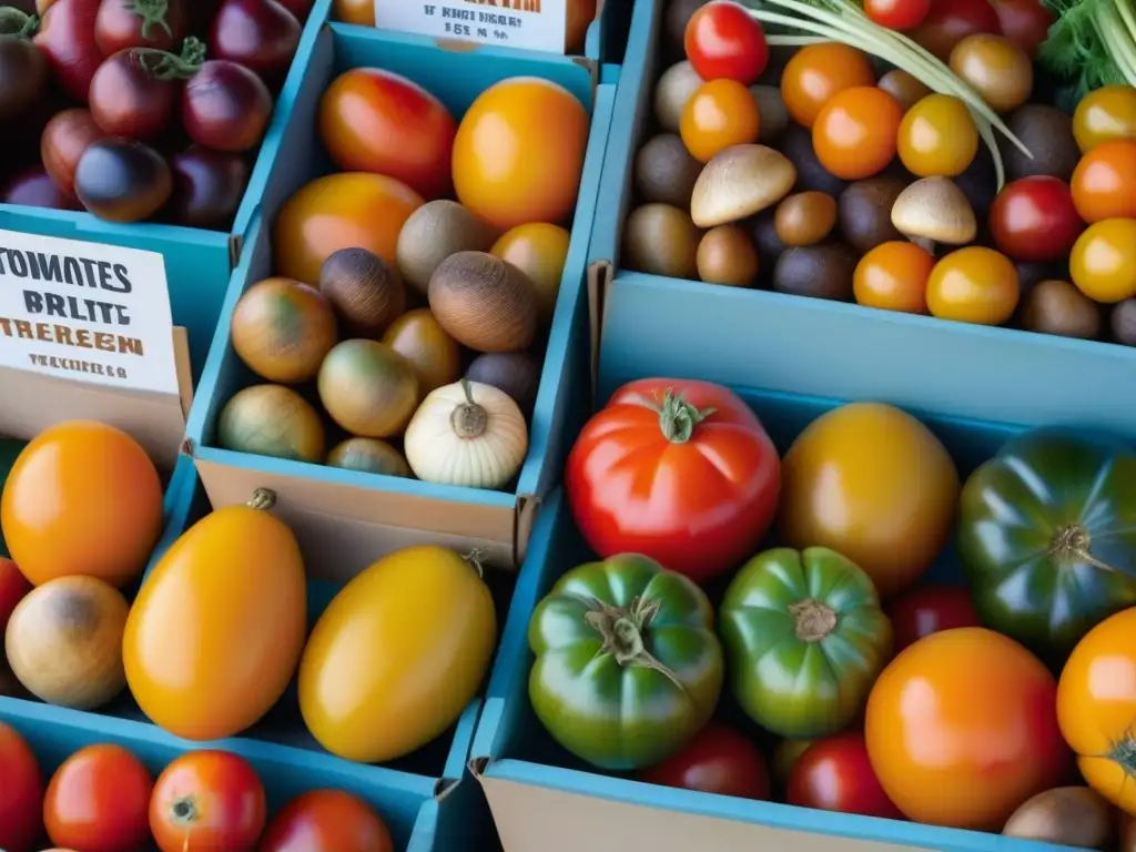 Revistas gastronómicas ingredientes olvidados: Detalles vibrantes de un bullicioso mercado de agricultores con ingredientes únicos y coloridos