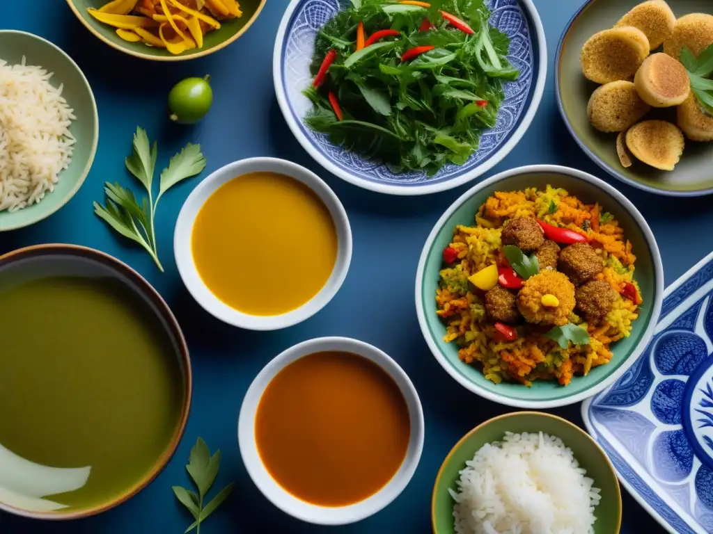 Una revolución vegetariana en platos del sur de Asia: una vista detallada de exquisitos platos vegetarianos con colores vibrantes y texturas ricas