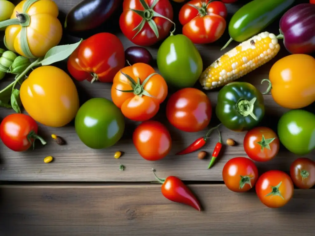 Una rica diversidad de ingredientes nativos históricos de la cocina criolla, desplegados con detalle en una mesa rústica