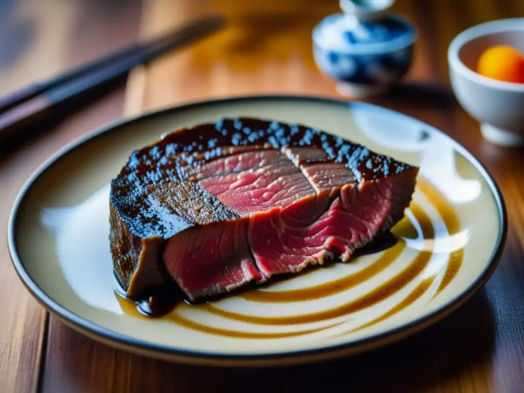 La rica introducción de carne en la dieta japonesa: una jugosa rebanada de Wagyu colocada con delicadeza en un plato cerámico