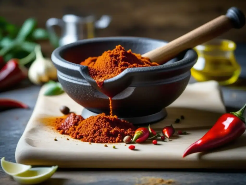 Una rica harissa roja se prepara en un mortero tradicional, resaltando la historia cultural de esta receta icónica