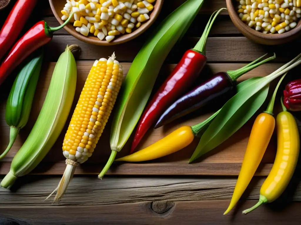 Una rica variedad de productos orgánicos cocina prehispánica en una mesa rústica, resaltando su diversidad y significado cultural