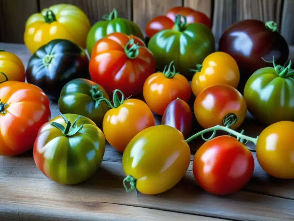 Tomates antiguos: una sinfonía de colores y texturas Una rica variedad de tomates antiguos en una composición vibrante sobre madera rústica, evocando recetas históricas y culturas gastronómicas