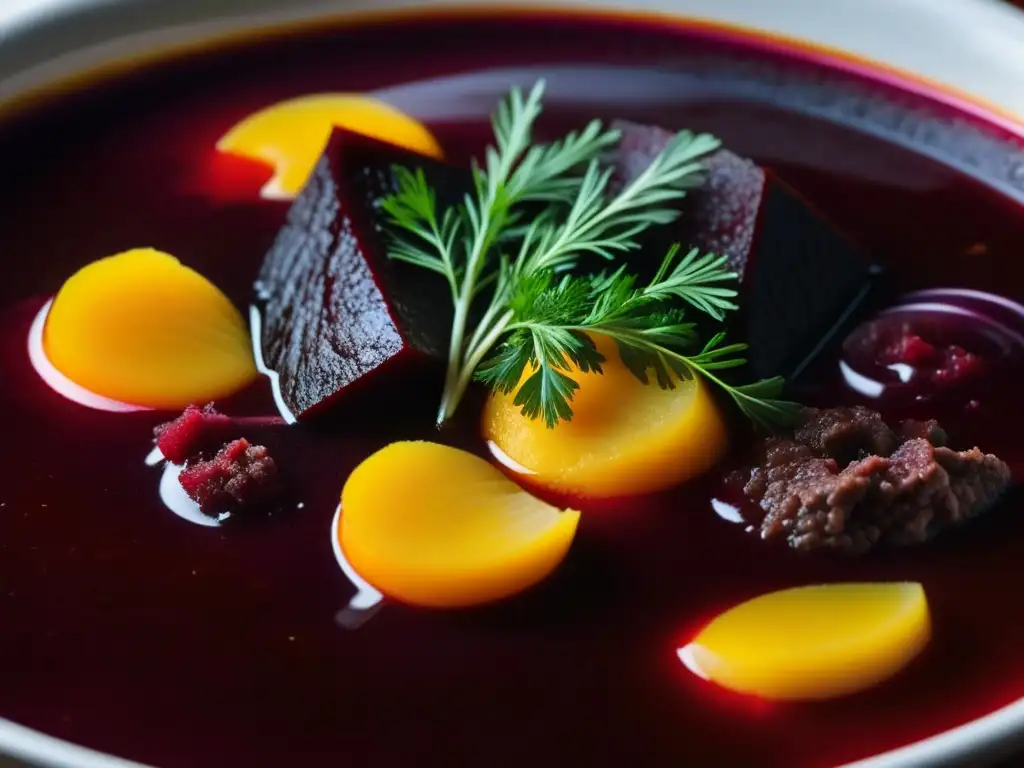 Deléitate con la rica y vibrante sopa borscht rusa, mostrando la esencia de la tradición culinaria