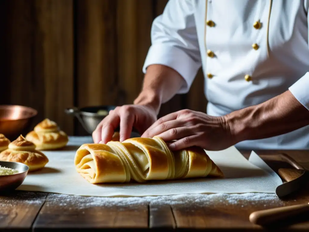 La riqueza culinaria francesa en Rusia: Detalle de un delicado hojaldre siendo expertamente elaborado en una cocina rusa tradicional