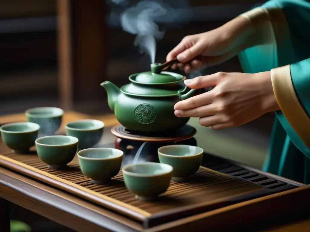 Ritual chino del té: vapor se eleva de las tazas en una ceremonia tradicional