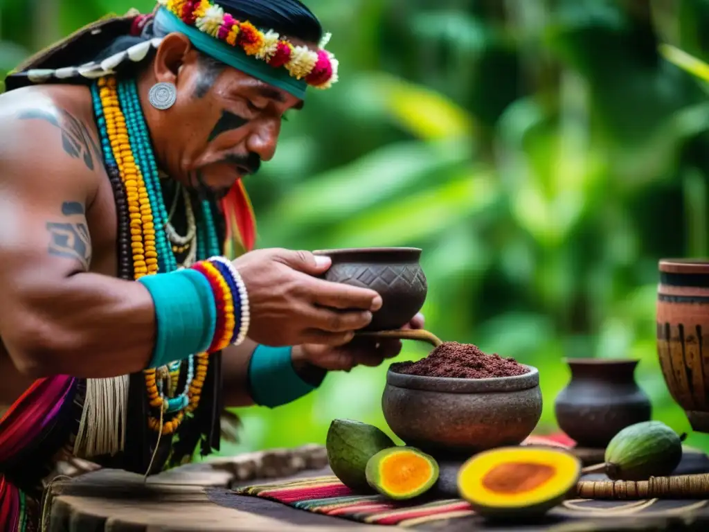 Ritual maya del cacao: un chamán prepara una bebida ancestral en la selva, destacando la historia y cultura del cacao