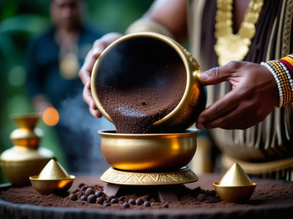 Ritual maya del cacao: misterio y tradición Un ritual maya del cacao: chaman vierte chocolate en tazas ornadas
