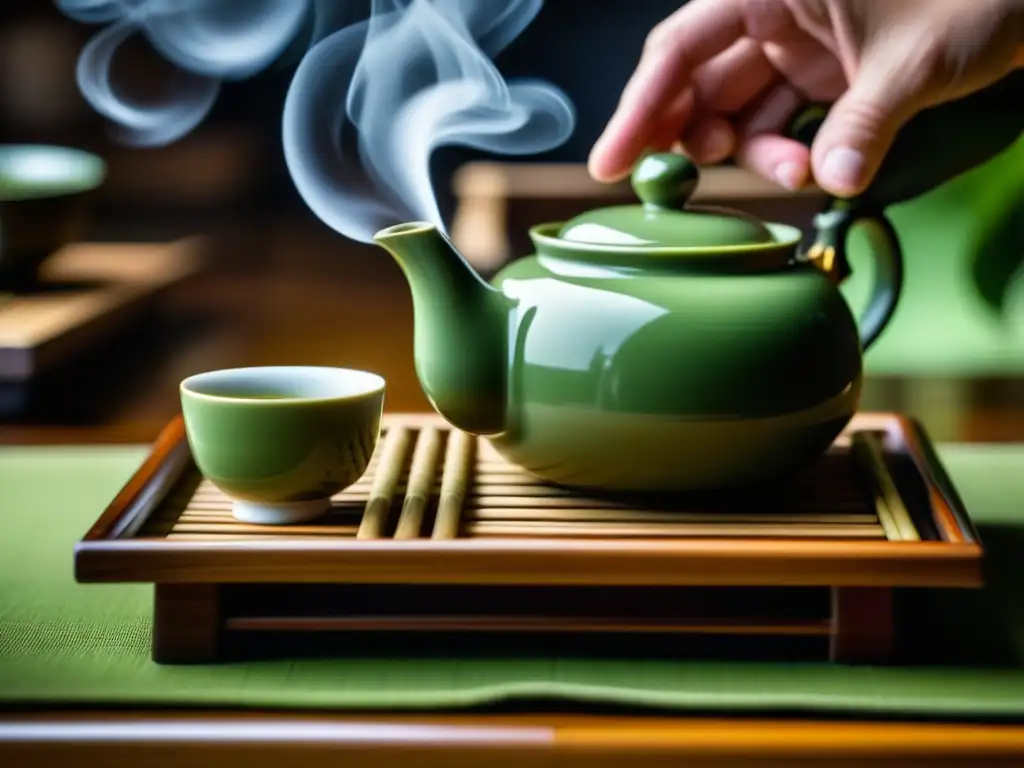 Ritual zen: manos expertas sirven té verde en una taza ornamental, en una Ceremonia del Té Japonesa Zen