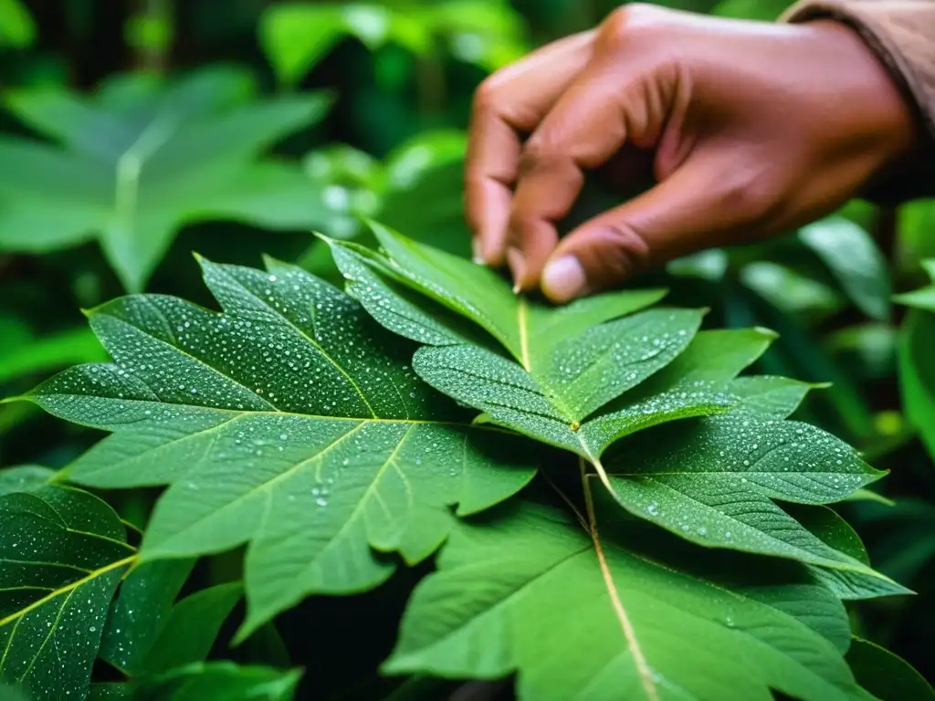 Rituales amazónicos: hojas de guayusa cosechadas con cuidado por manos indígenas en la exuberante selva, bajo la luz natural