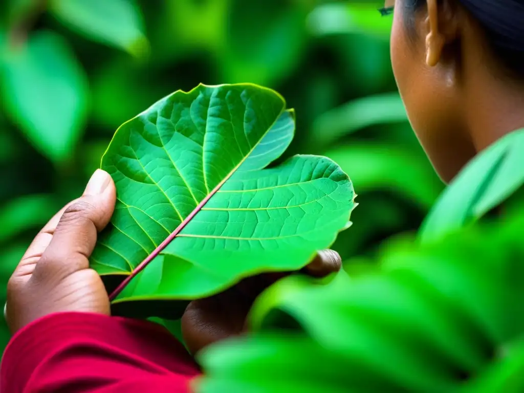 Rituales amazónicos: mujer indígena cosechando hoja de guayusa en la selva, conectada con la naturaleza