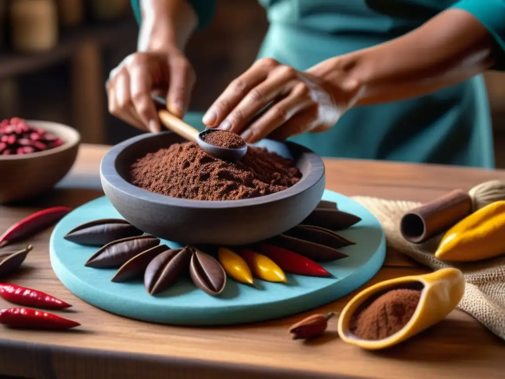 Arte ancestral: Maestro chocolatero hispano molendo cacao a mano Rituales hispanoamericanos: maestro chocolatero muele cacao en metate de piedra, creando pasta de chocolate