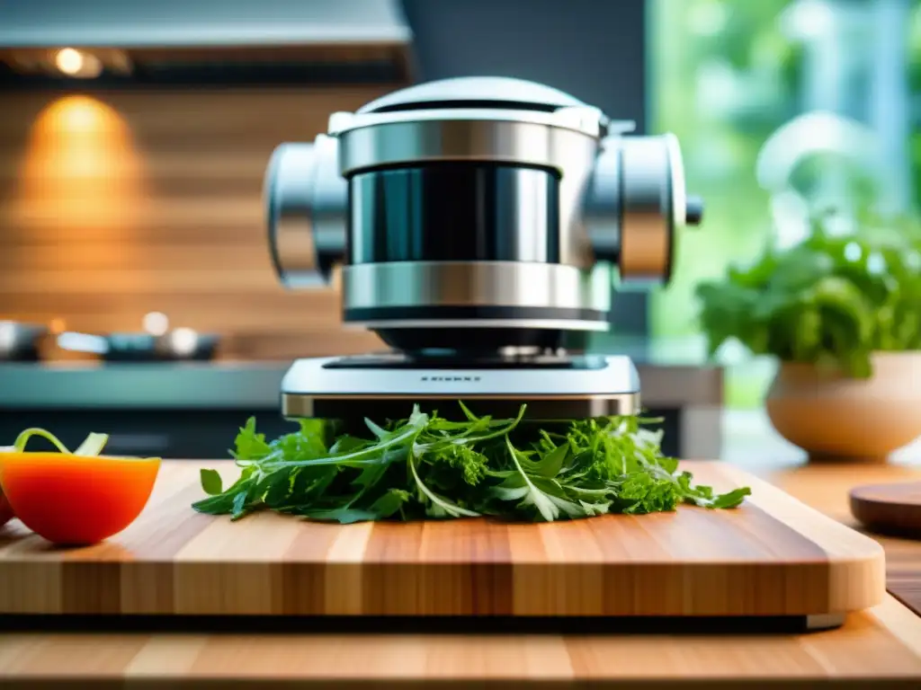 Un robot de cocina moderno cortando hierbas frescas en tabla de madera, fusionando tradición culinaria con tecnología