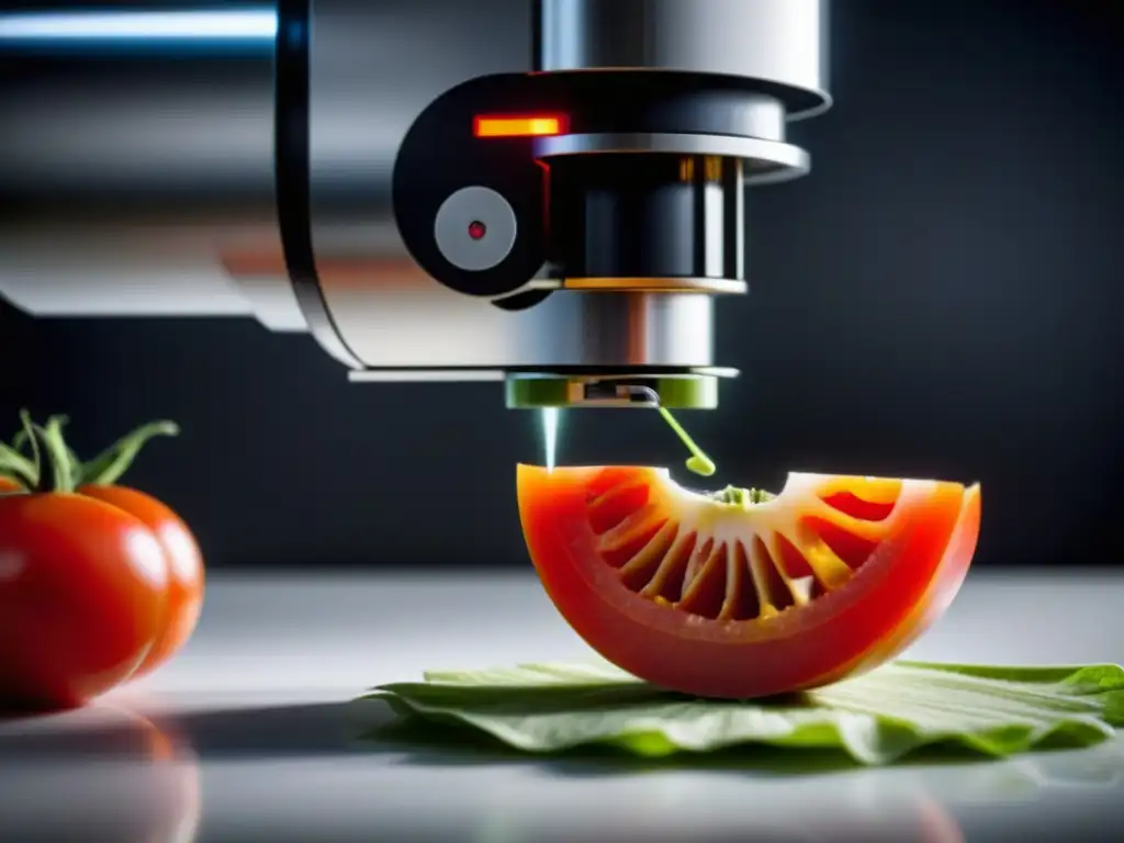 Un robot de cocina moderno cortando con precisión un tomate fresco, fusionando tecnología y tradición culinaria