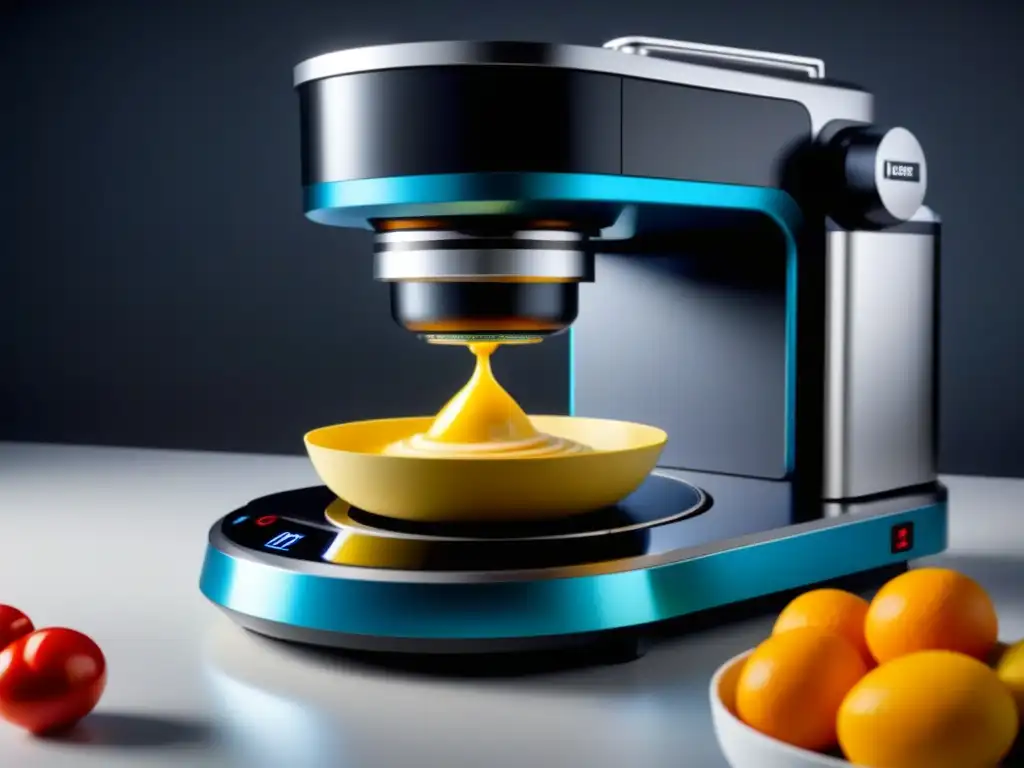 Un robot de cocina moderno en acción, preparando una receta histórica con sus gadgets y diferenciándose por su diseño y funcionalidad