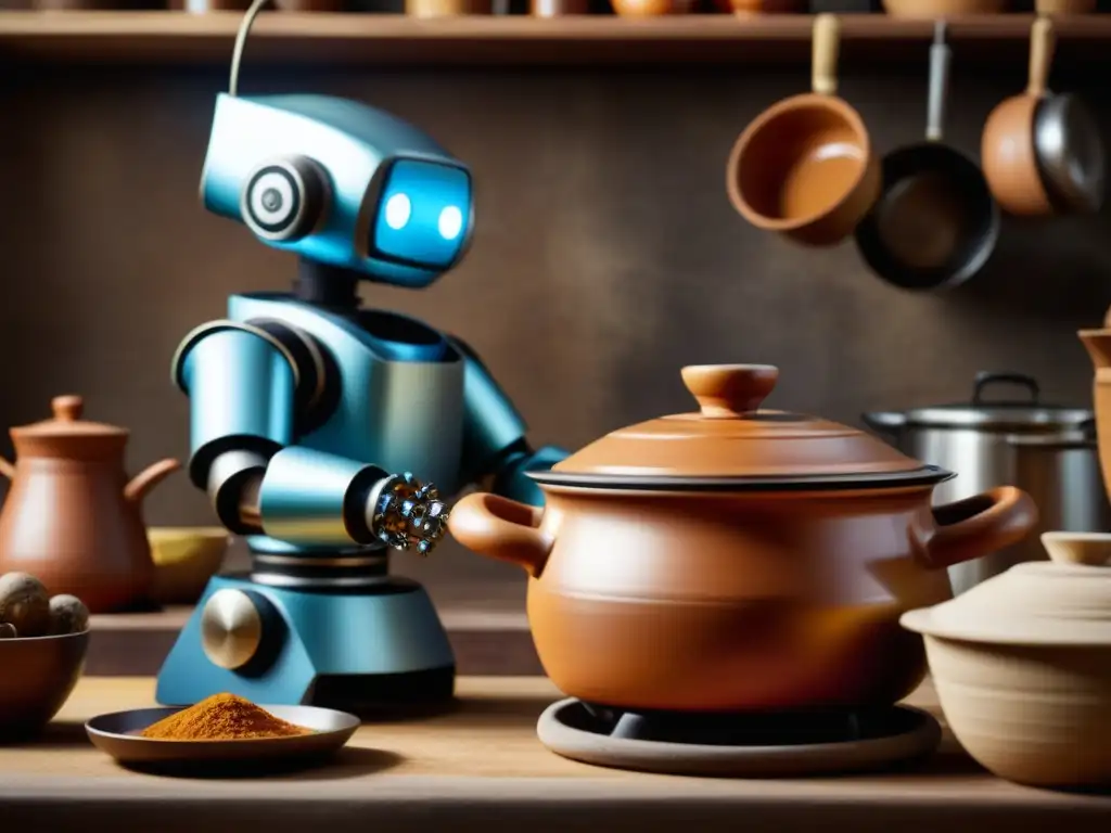 Un robot de cocina revolucionario removiendo un guiso en una olla de barro, fusionando tecnología y tradición en la historia culinaria