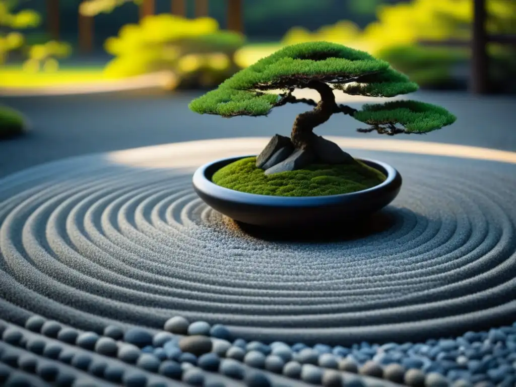 Un jardín Zen en Japón con rocas y bonsái, reflejando la armonía y simplicidad de la Dieta Zen influencia Budista Kamakura