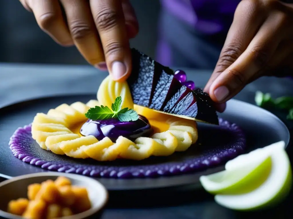 Chef sumerge una rodaja de papa morada peruana en tempura, fusionando técnicas japonesas